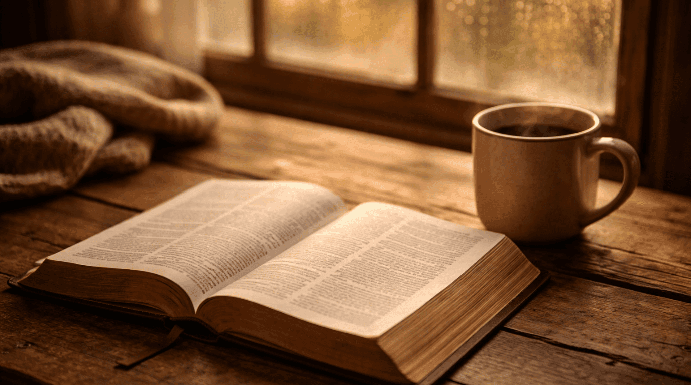 An open Bible on a weathered wooden table with soft morning light