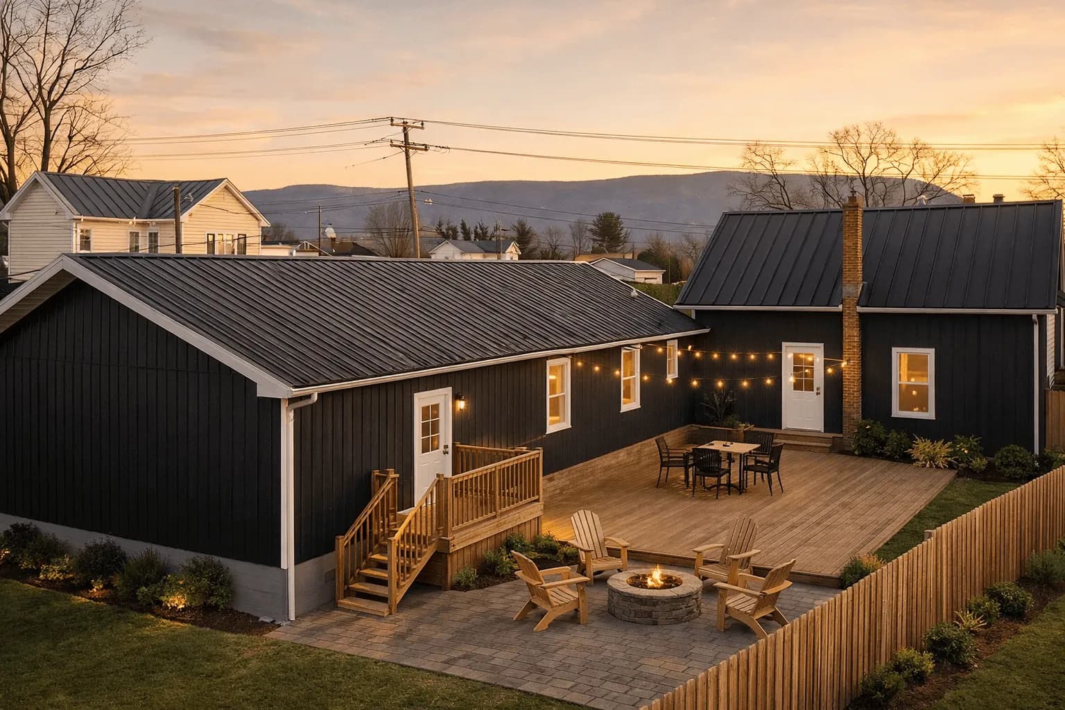 The back deck at 6043 Broad with a fire pit, string lights, and Shenandoah Valley mountains at sunset