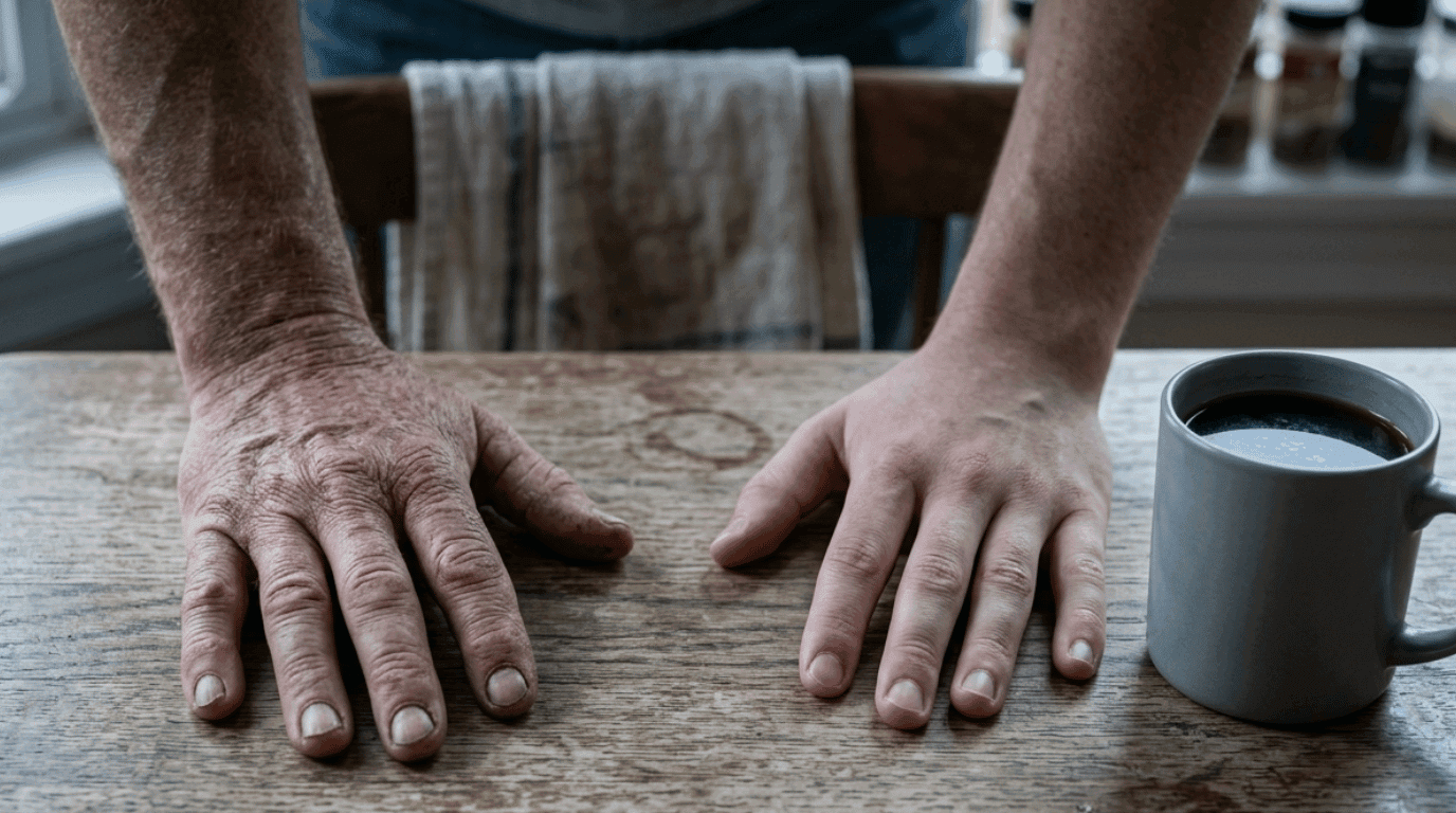 Two hands at a table with a gap between them and a cold cup of coffee