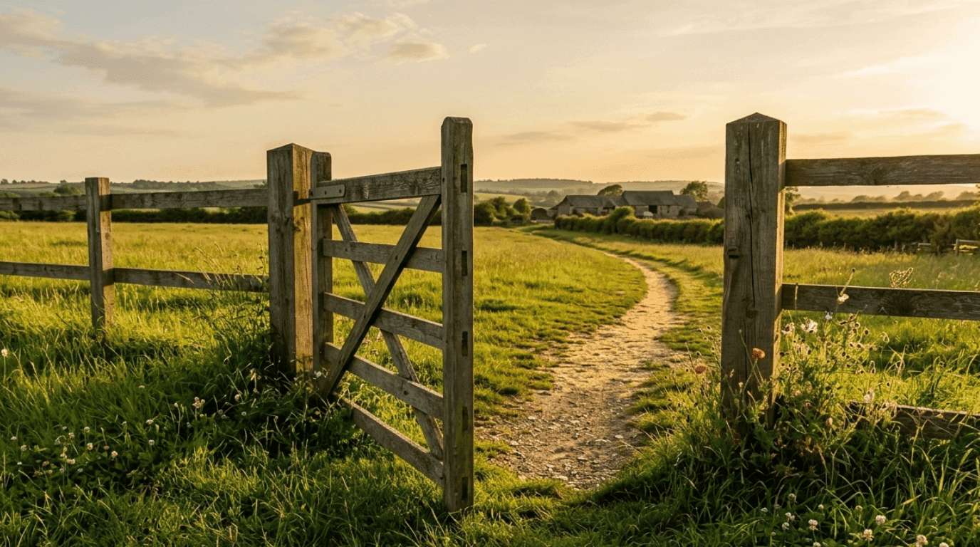An open wooden gate looking out over a sunlit field with a dirt path