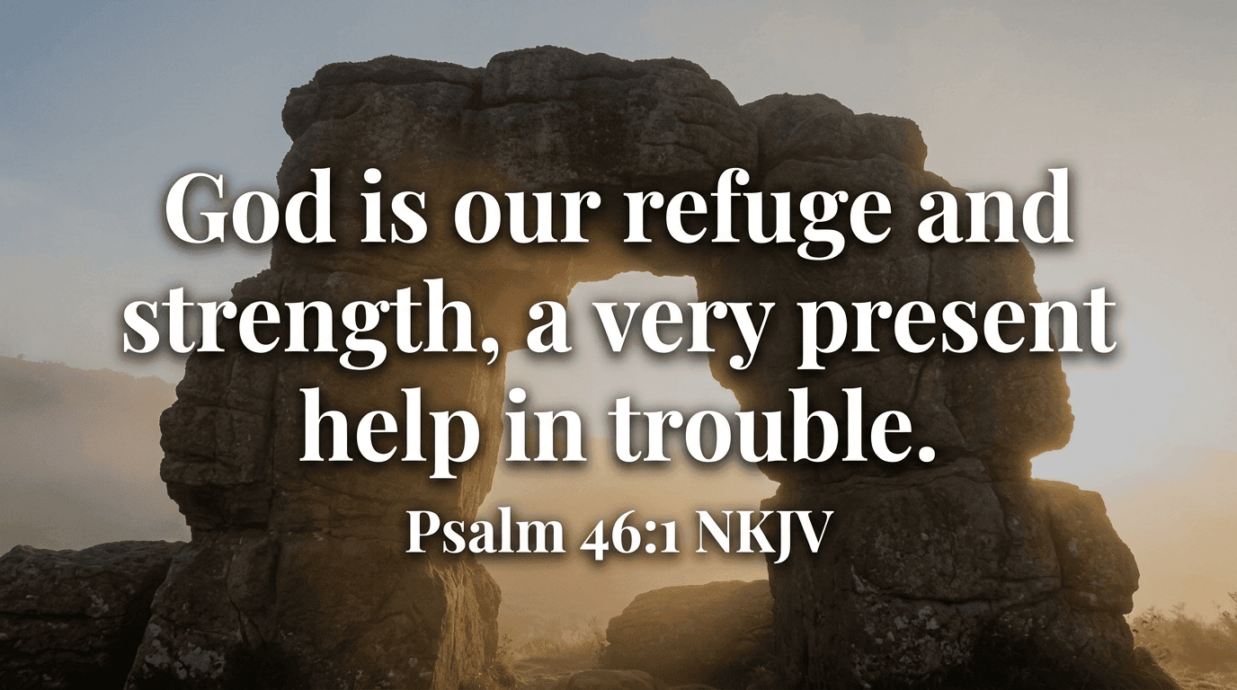 Bible verse graphic Psalm 46:1 — God is our refuge and strength, a very present help in trouble