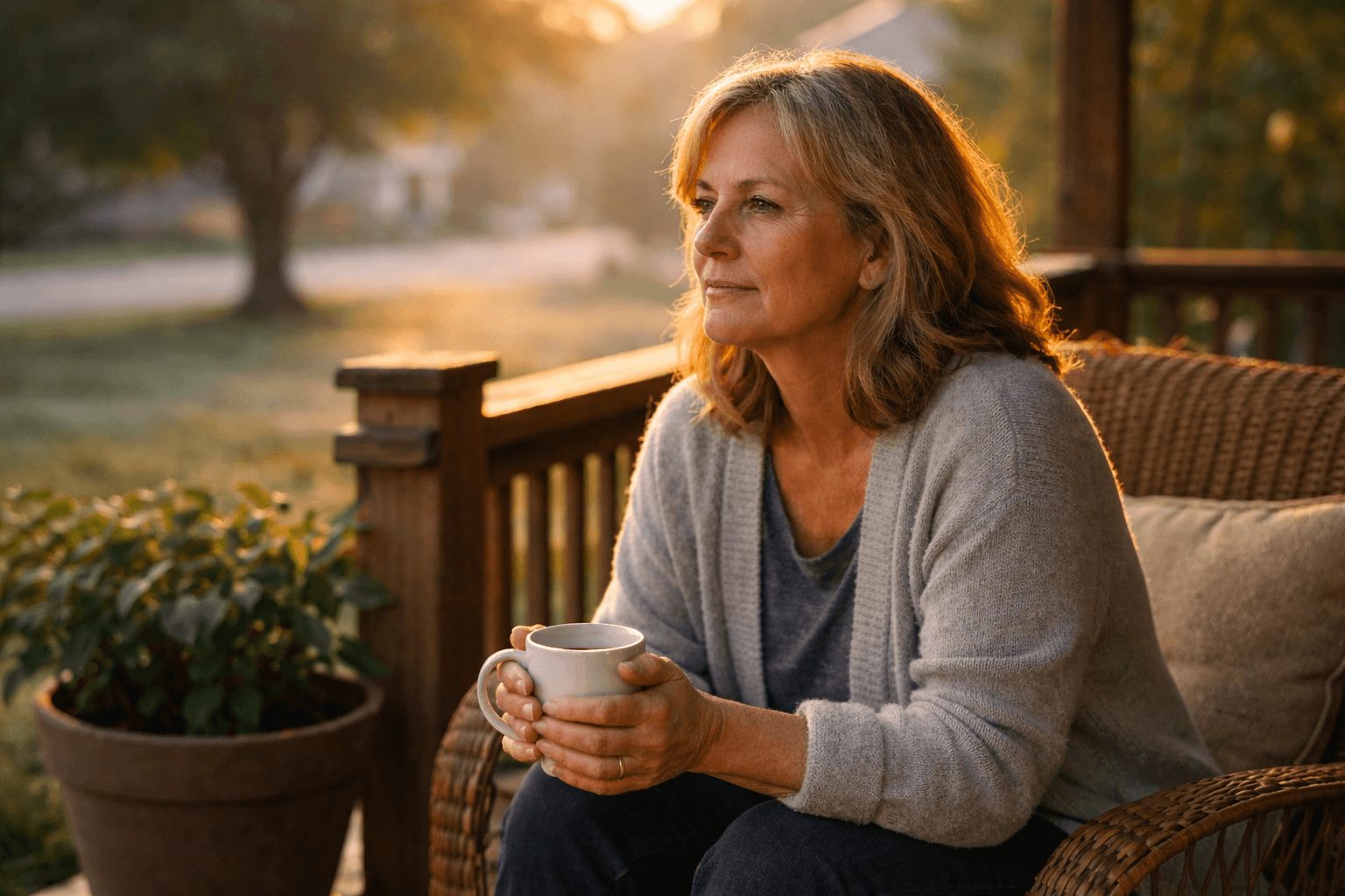 A woman sitting quietly on a porch in warm natural light