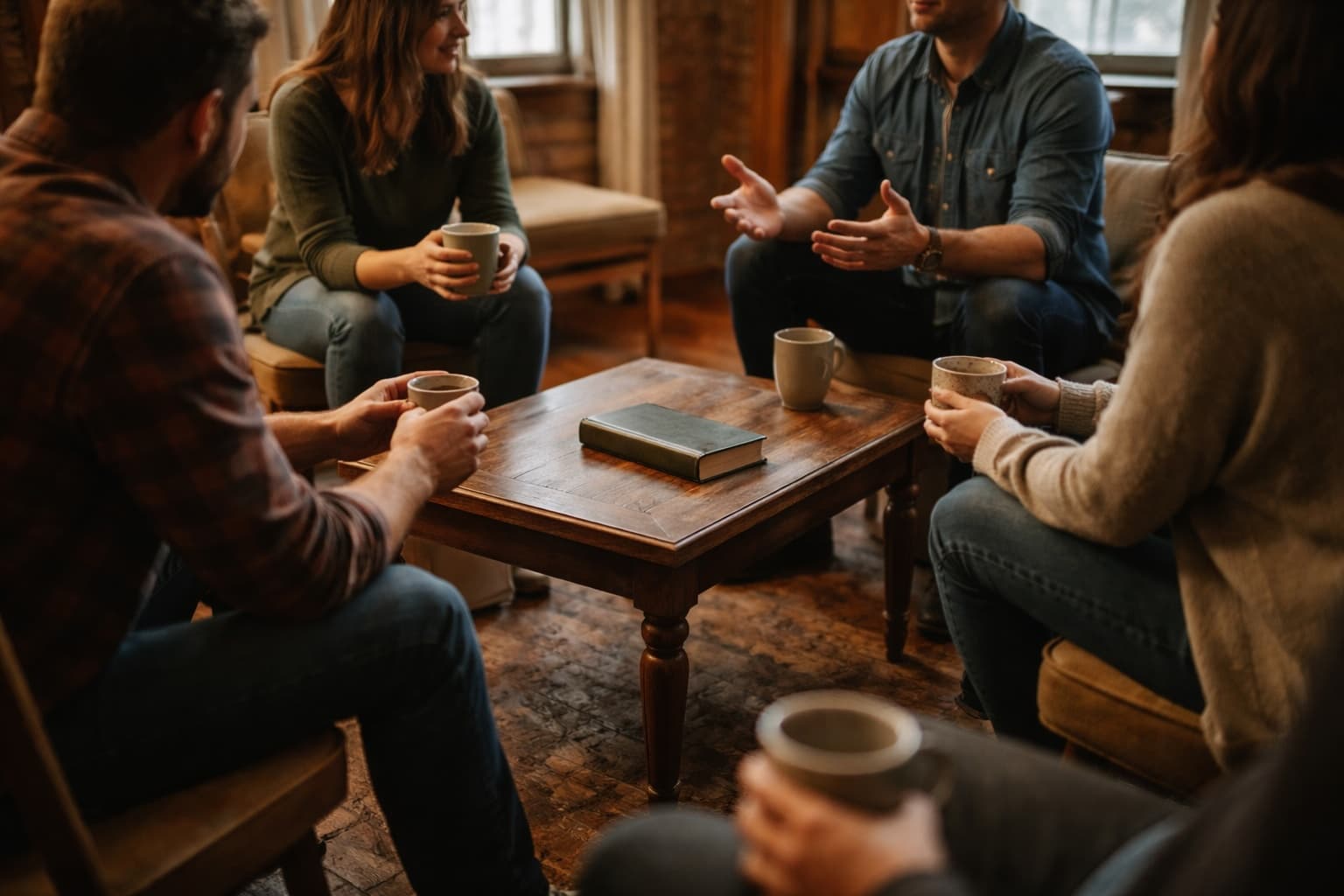 Small group gathered around a table with Bibles and coffee