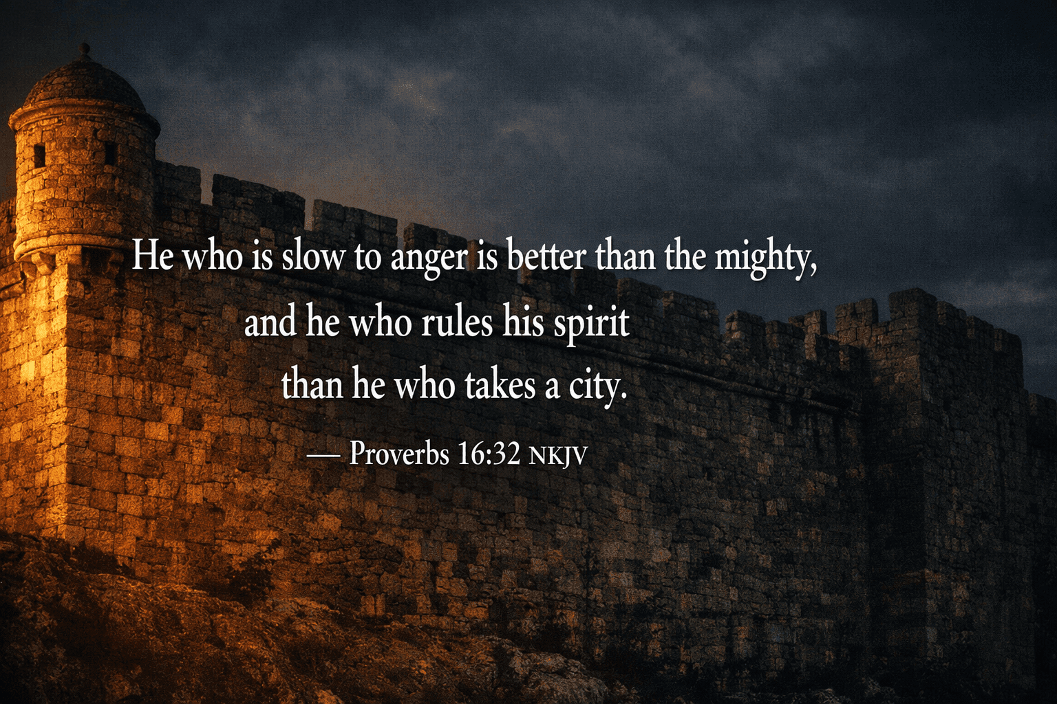 Proverbs 16:32 NKJV - He who is slow to anger is better than the mighty, and he who rules his spirit than he who takes a city.