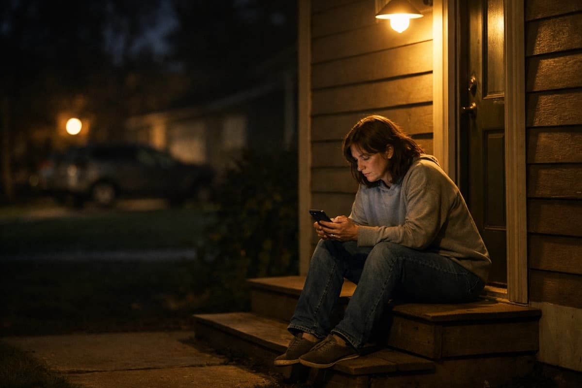 Woman sitting on porch steps at night looking at her phone