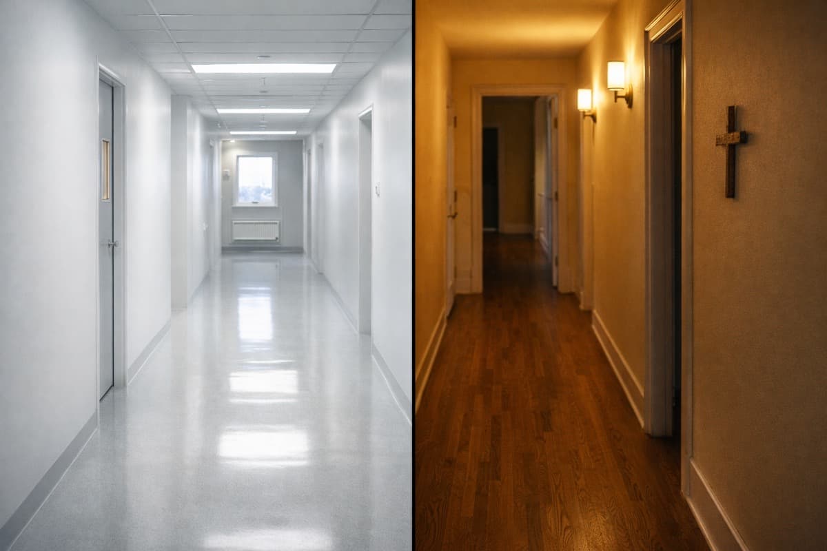 Two different hallways representing clinical rehab and faith-based programs