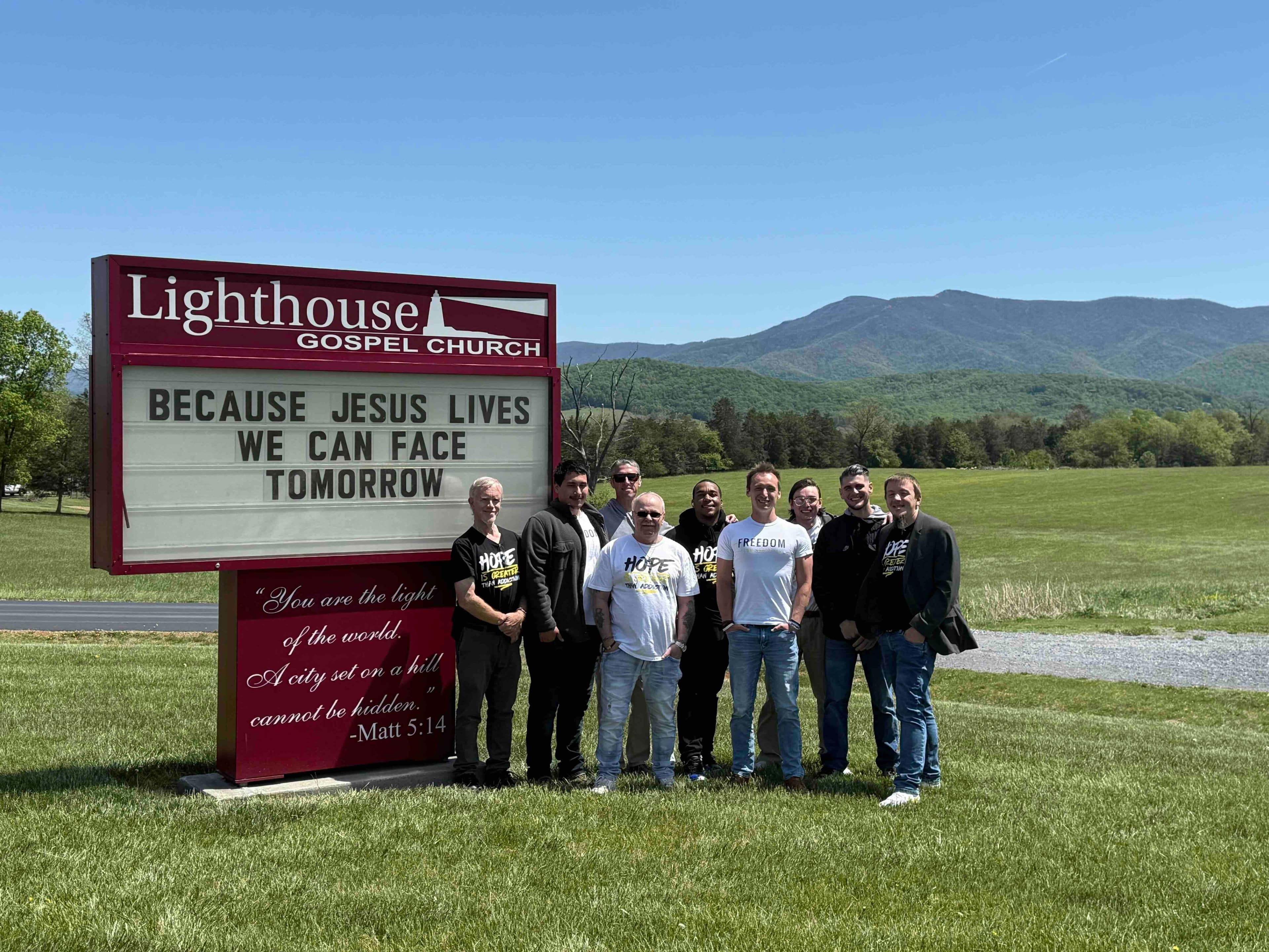 Shenandoah Valley Teen Challenge men standing outside Lighthouse Gospel Church in Stanley, Virginia after a Sunday morning service.