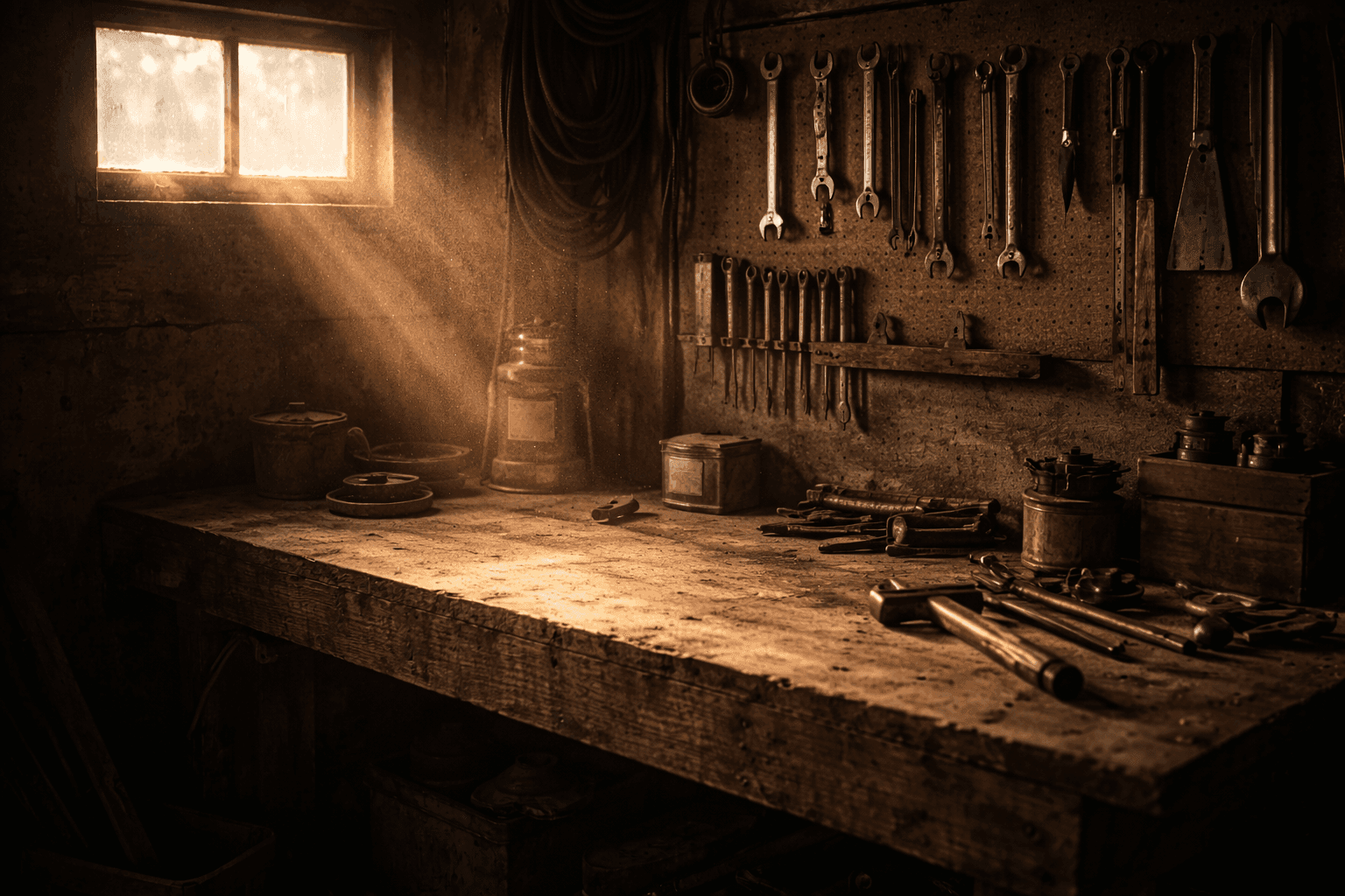 Empty workshop with tools on wall and warm light through window, representing a father's absence and legacy