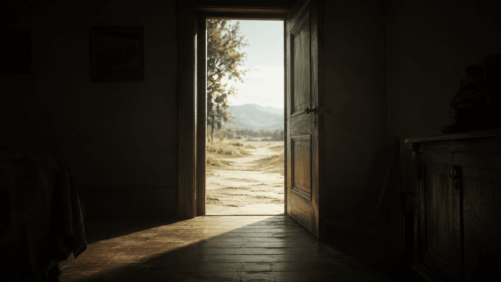A dim room with an open door, daylight spilling across the floor, showing a clear way out of temptation.