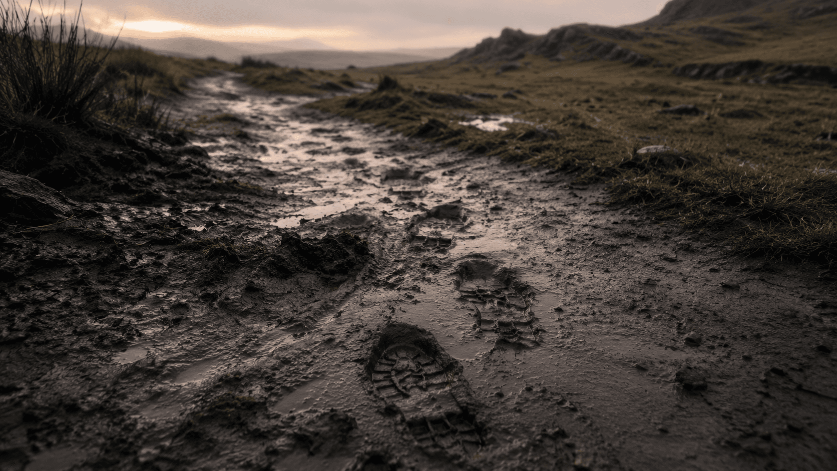 Muddy footprints in wet earth at dawn, the last ones showing someone stood back up and kept walking.