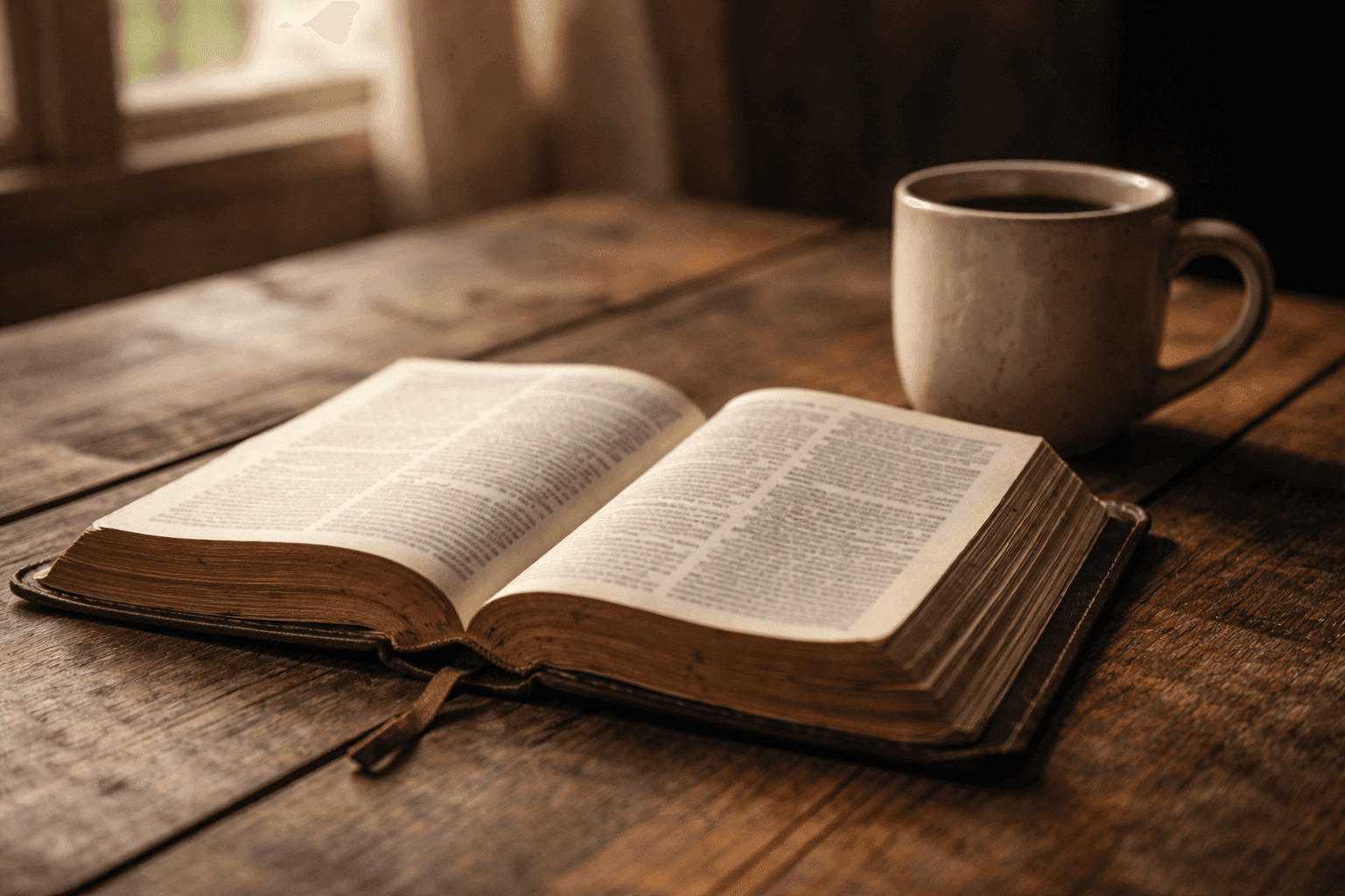 Open Bible on wooden table with morning light, representing hope and guidance for those struggling with addiction