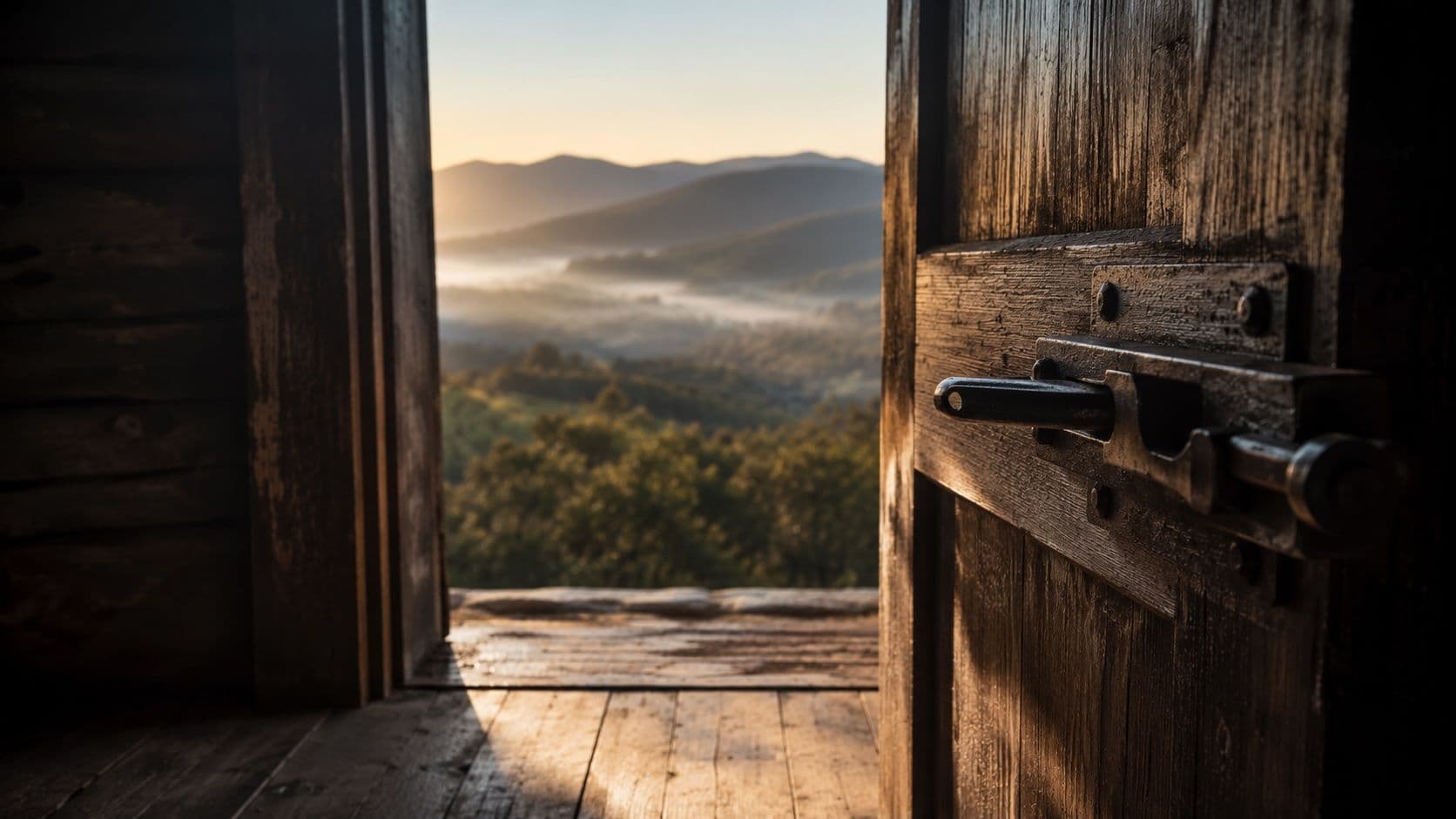 Weathered wooden door standing open from inside, deadbolt thrown back, Virginia ridgeline glowing in warm morning light beyond.