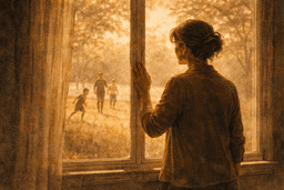 Parent standing at window looking out at children playing, bathed in soft light, contemplating the right moment