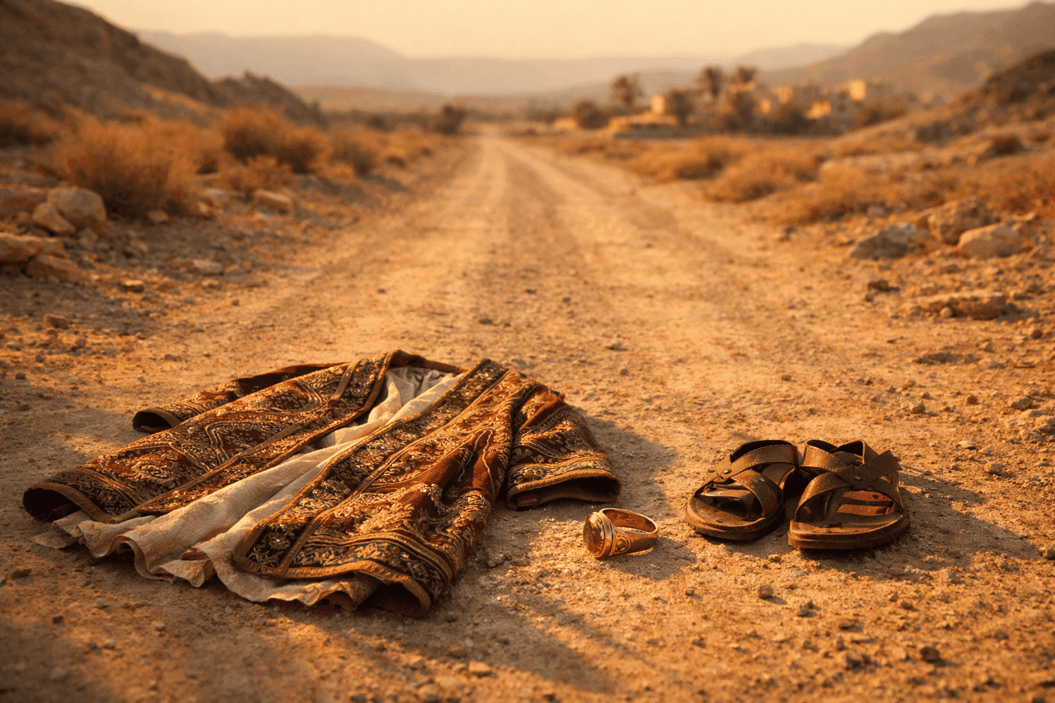 A robe, gold ring, and leather sandals laid on a dusty road in warm golden hour light.