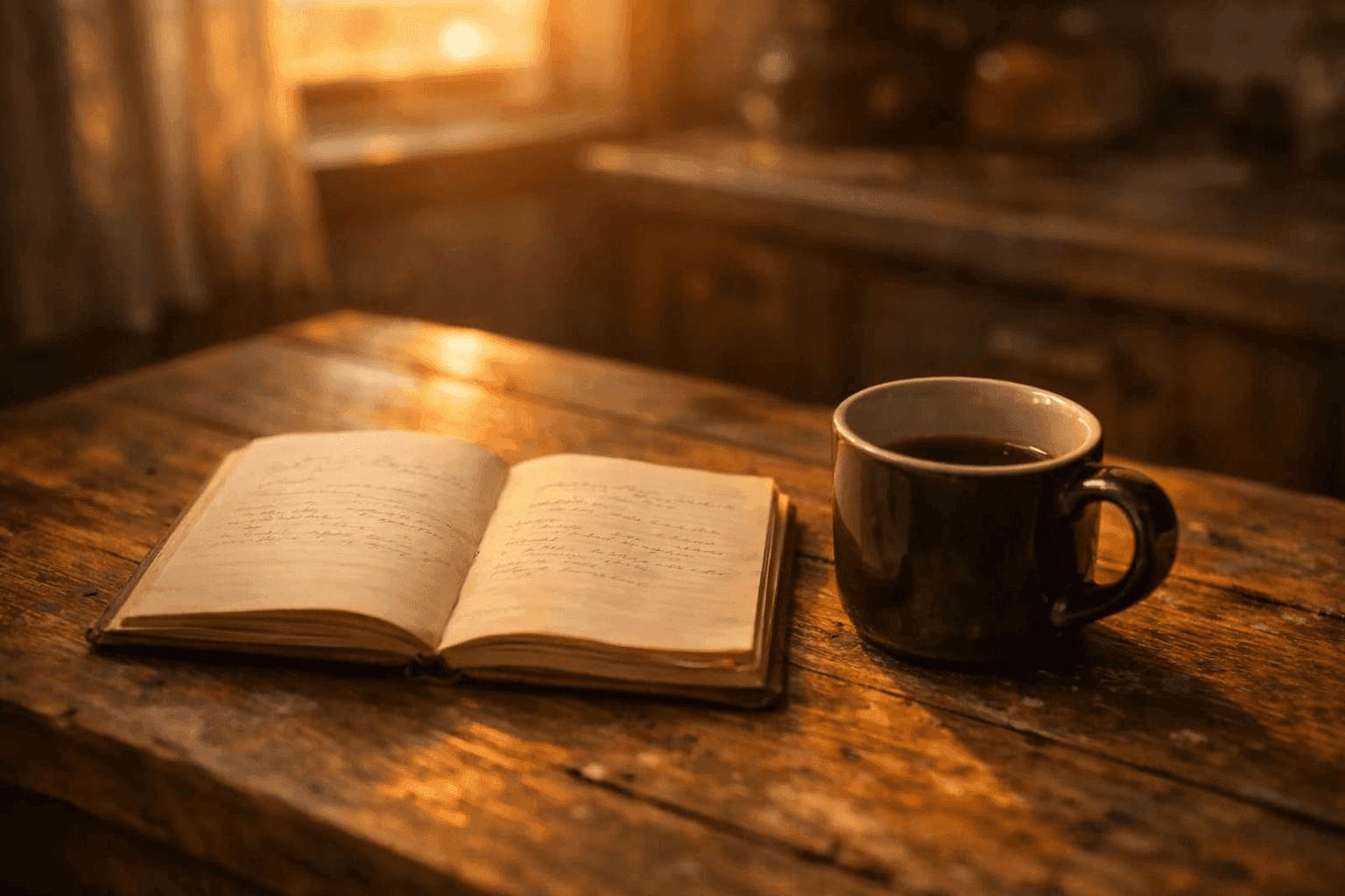 Open handwritten journal beside a coffee cup on a wooden table in warm morning light.