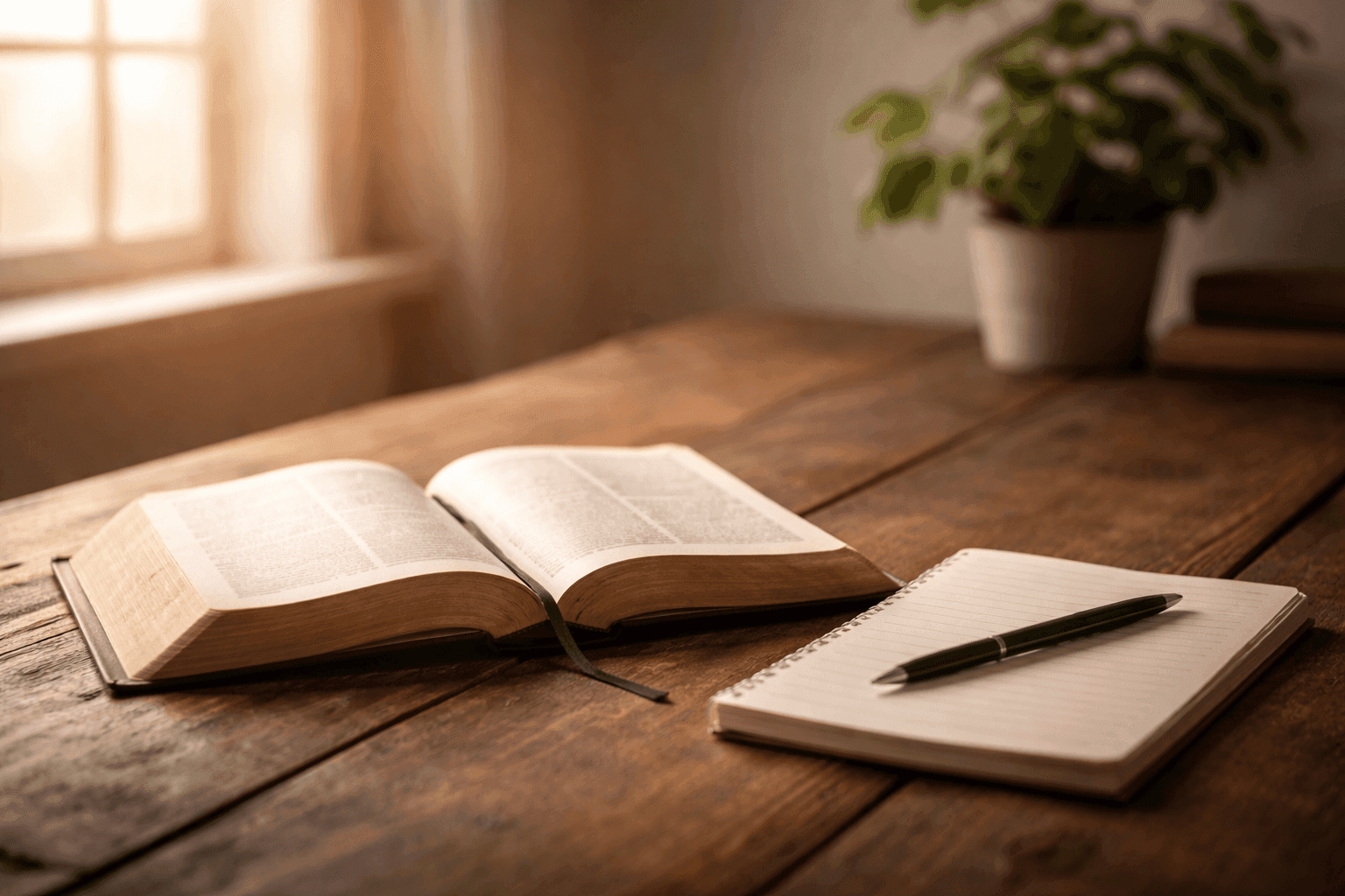 Open Bible beside a lined notebook on a wooden table in soft natural light, with a pen and minimal background space.