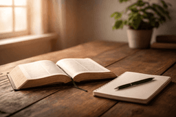 Open Bible beside a lined notebook on a wooden table in soft natural light, with a pen and minimal background space.