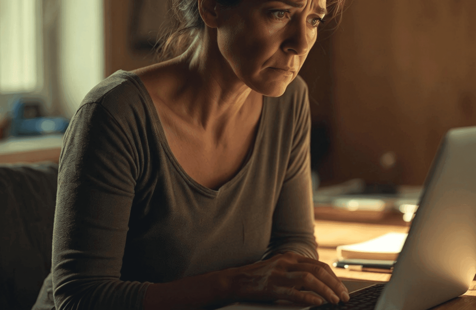A worried middle-aged mom searches late at night on her laptop in a cozy home office, looking for faith-based recovery program options with hope and determination