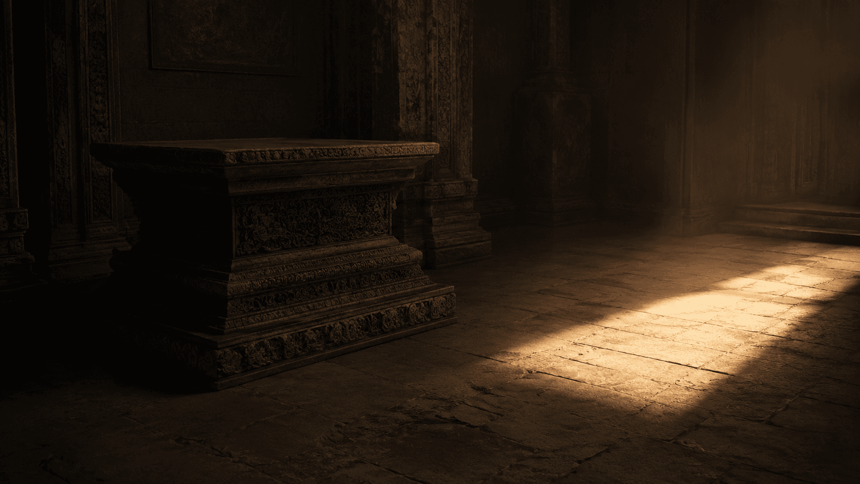 An empty altar in shadow with warm light falling on the floor beside it instead of on the altar.