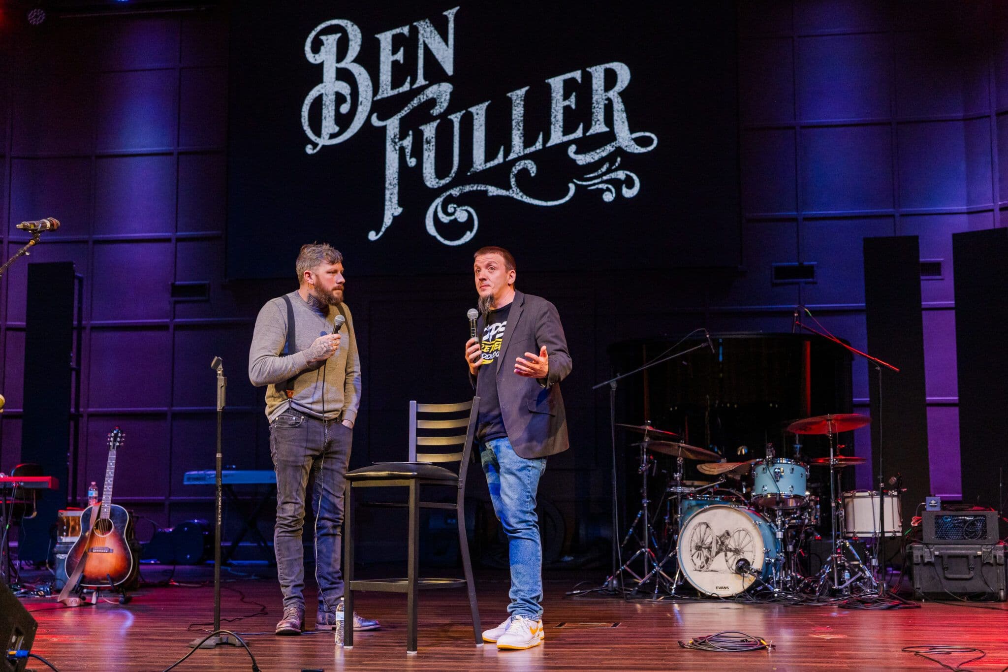 Ben Fuller interview setup at Shenandoah Valley Teen Challenge fundraiser with Justin Franich on Rebuilding Life After Addiction podcast