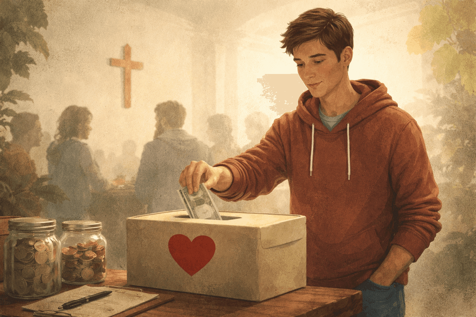 A young man places cash into a donation box in a softly lit church setting, with jars of coins nearby and a warm, hopeful background.