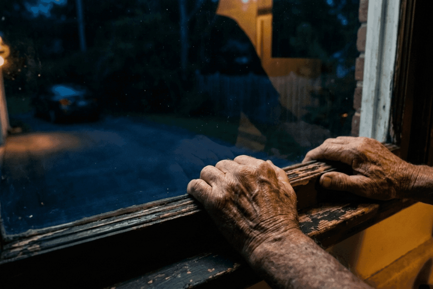 Hands gripping a kitchen windowsill at night, looking out at a dark driveway with a single porch light on.