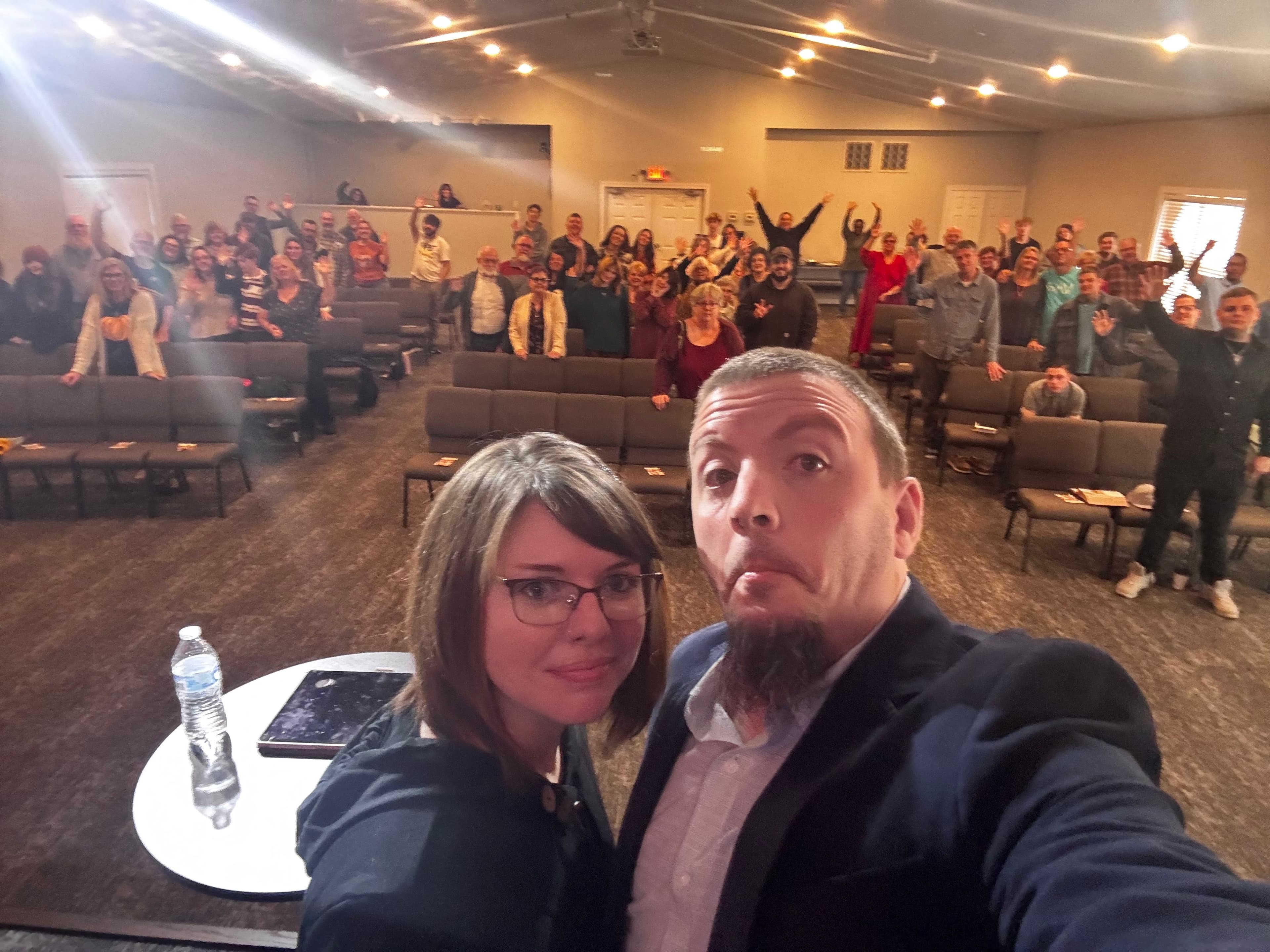 Pastor Justin Franich and Ashley Franich take a selfie with the Brookside Church congregation in Middletown, Virginia.