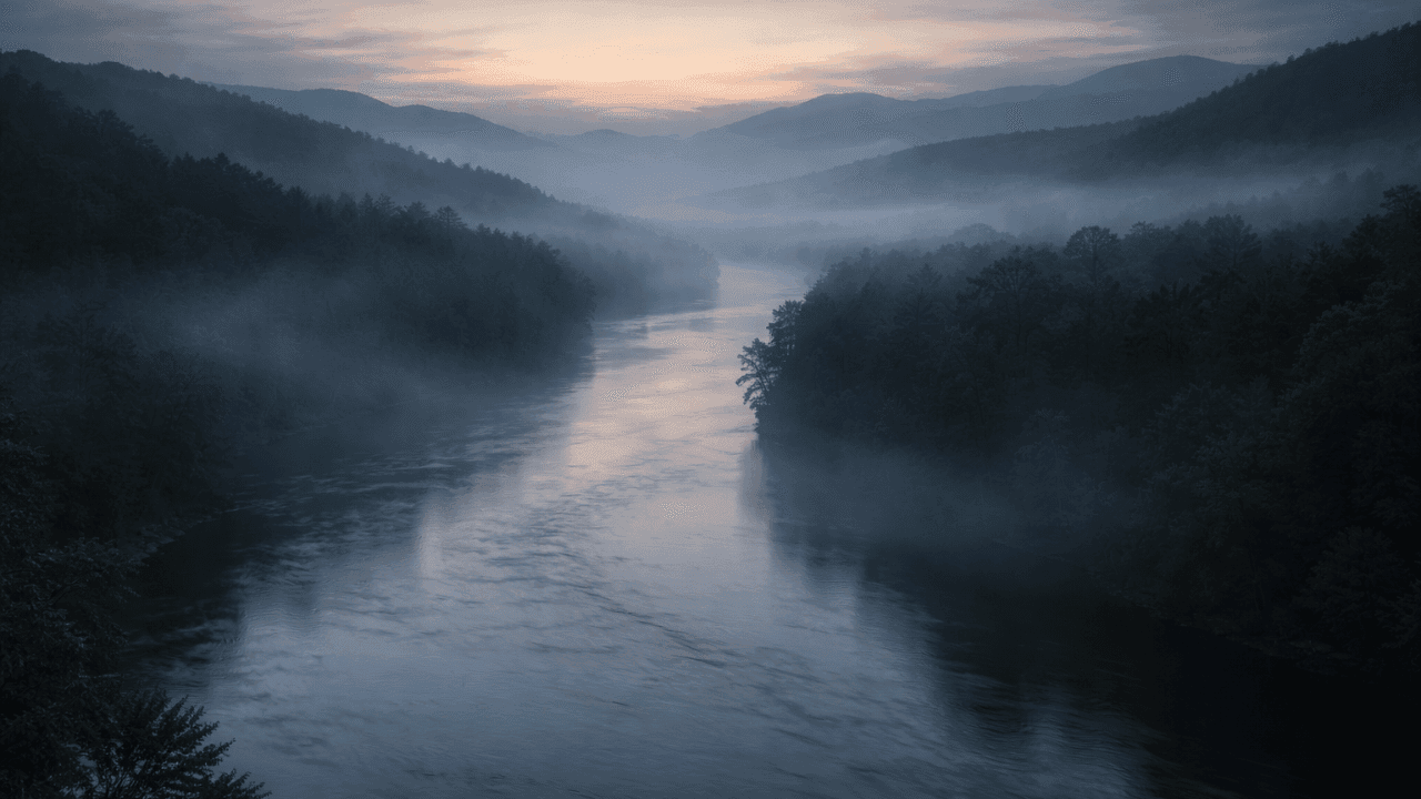 A fog-covered Shenandoah Valley river at dawn, with mist over slow-moving water and distant mountains barely visible.