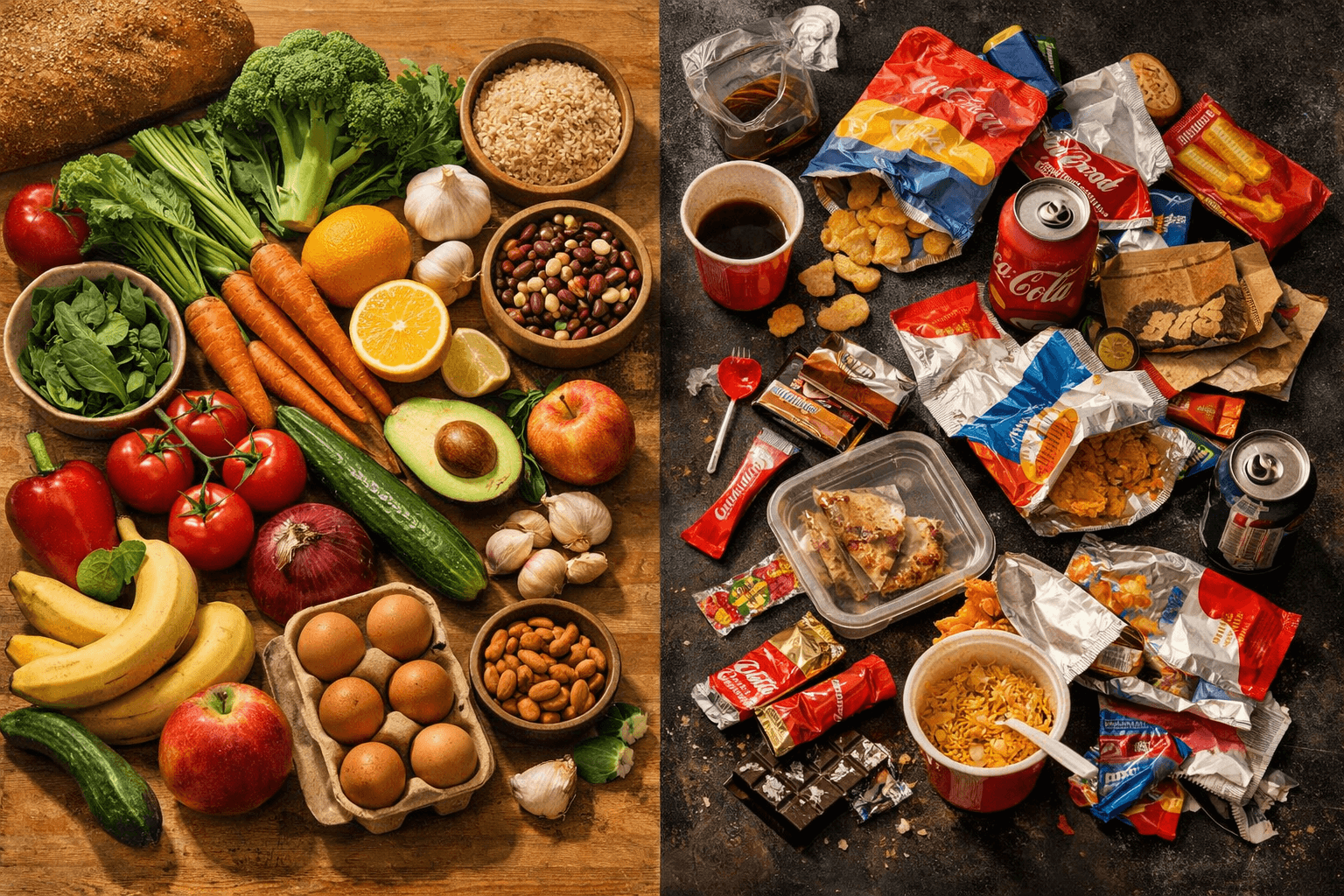 A split kitchen counter comparing whole foods on the left with processed junk food scattered on the right, illustrating the contrast between healthy and addictive eating patterns.
