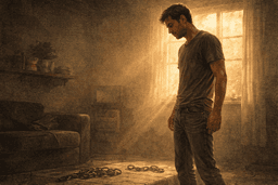 Man standing in morning light with broken chains at his feet, posture of freedom after shame, contemplative mood