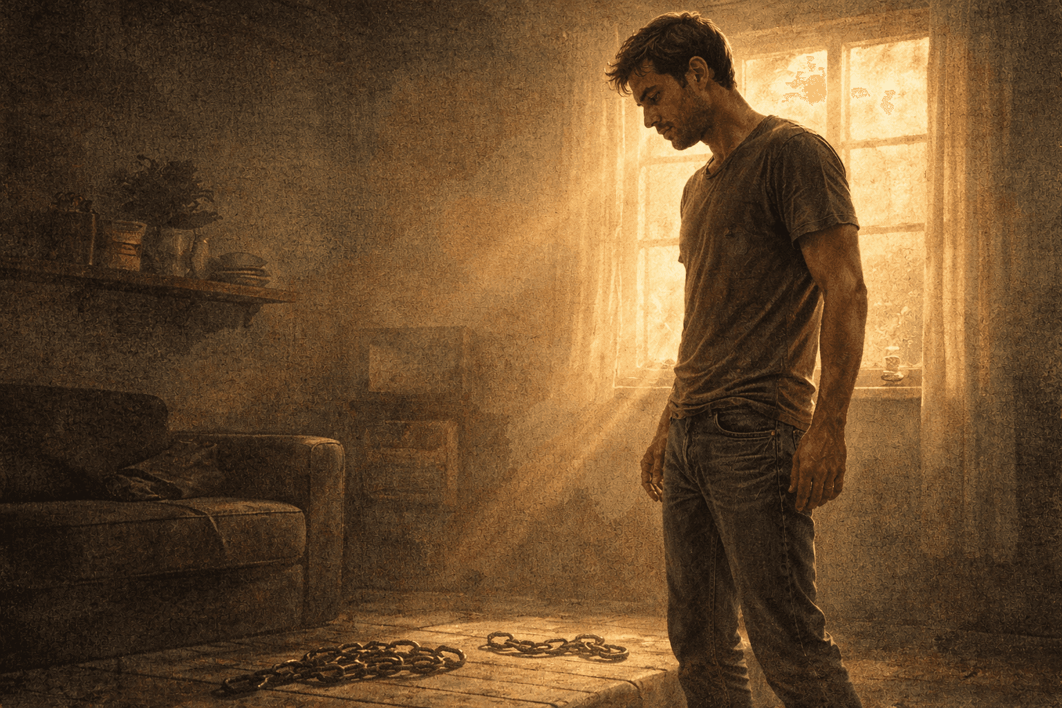 Man standing in morning light with broken chains at his feet, posture of freedom after shame, contemplative mood