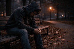 A young man sitting alone on a park bench at dusk, isolated and disconnected