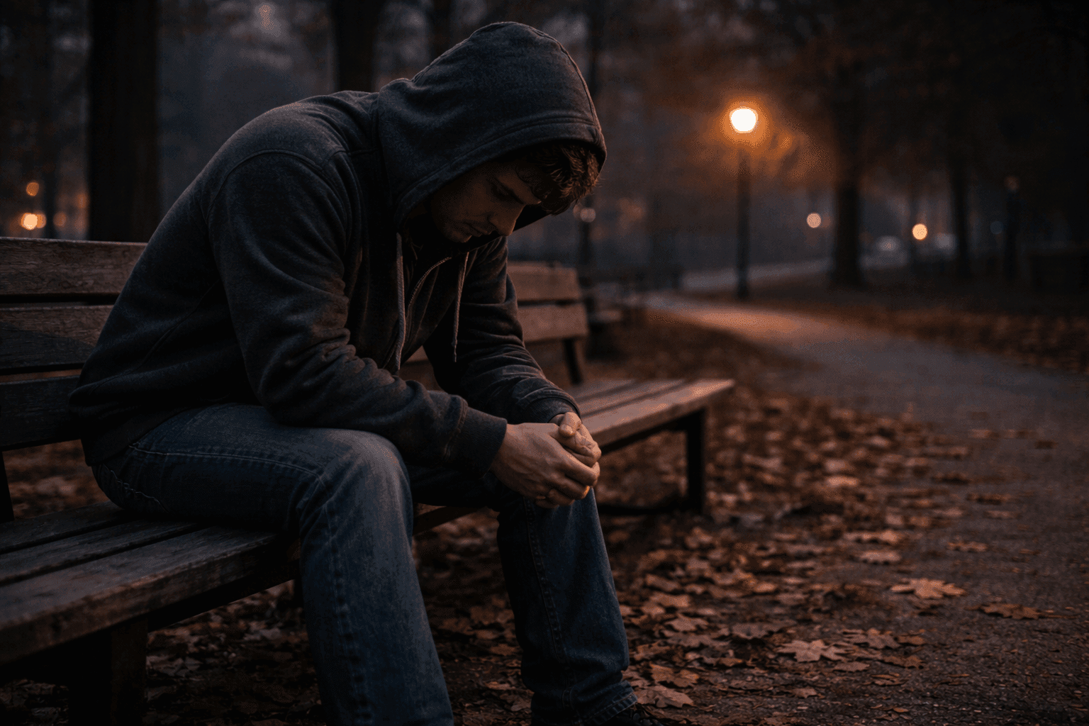 A young man sitting alone on a park bench at dusk, isolated and disconnected
