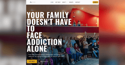 SVTC.info homepage showing the headline "Your Family Doesn't Have to Face Addiction Alone" with Get Help and Give Monthly buttons, over an image of a church worship service.