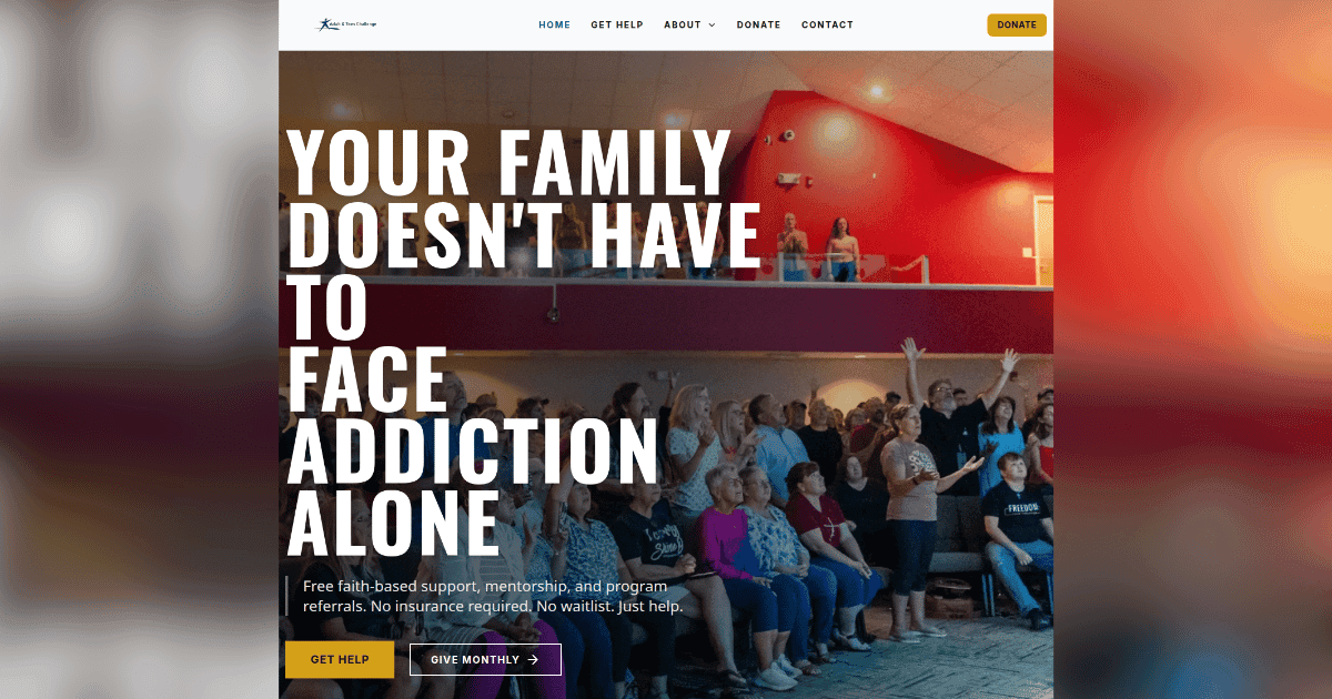 SVTC.info homepage showing the headline "Your Family Doesn't Have to Face Addiction Alone" with Get Help and Give Monthly buttons, over an image of a church worship service.