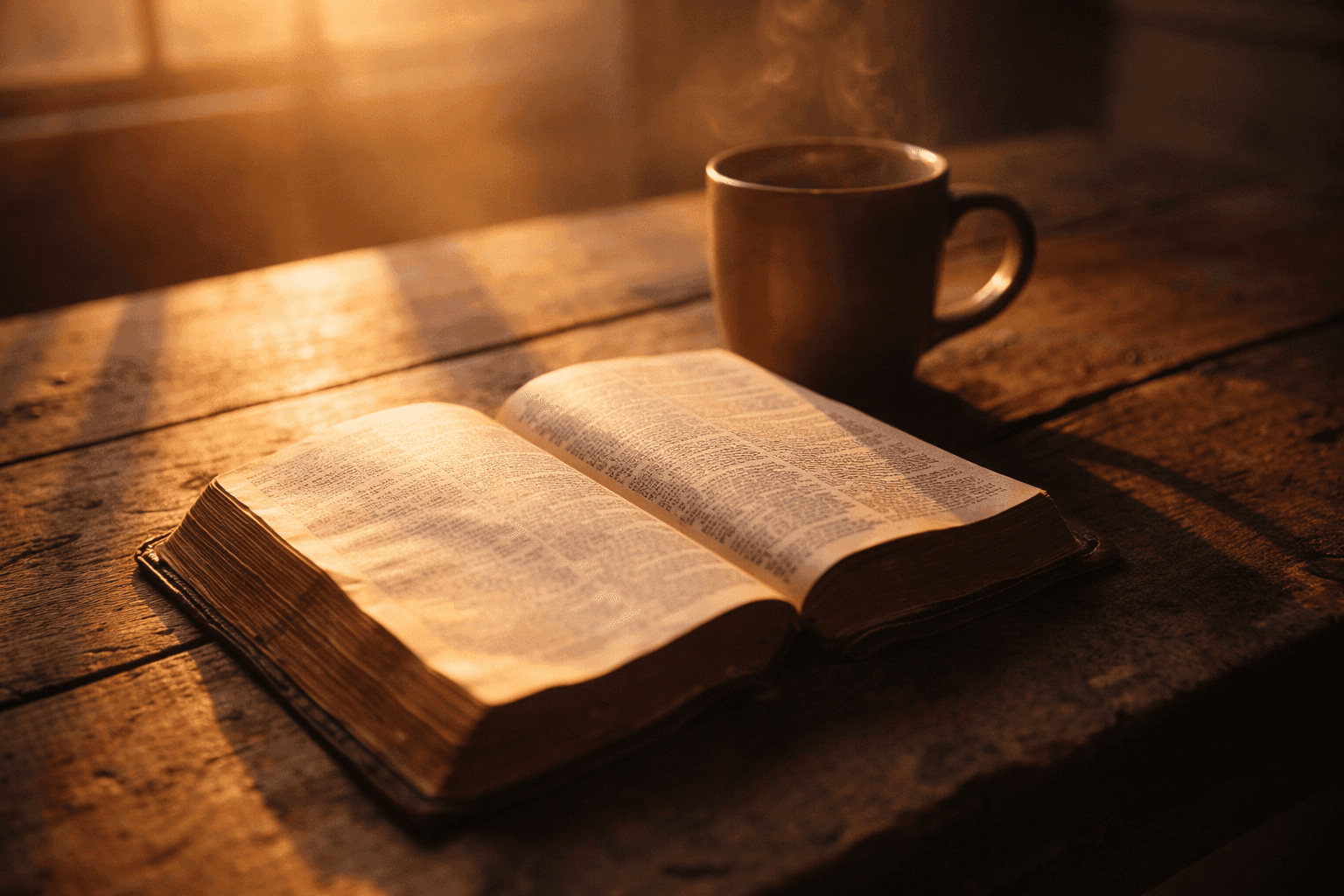 Open Bible on wooden table with morning light and coffee cup, representing daily renewal through Scripture