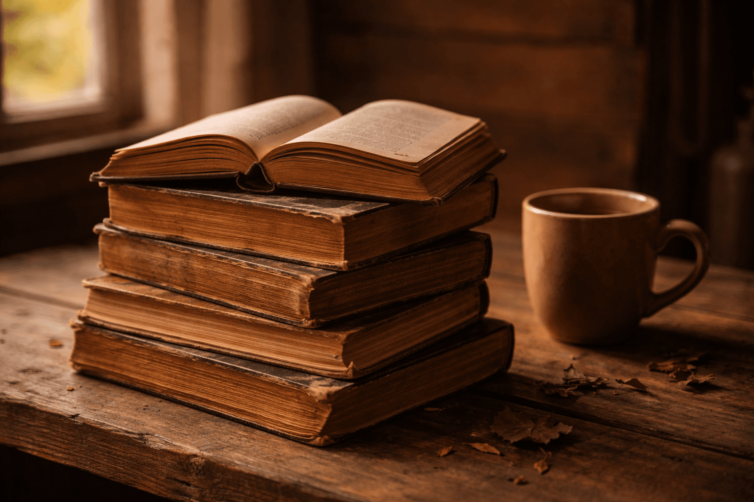 Stack of Christian books about addiction recovery on a wooden table with coffee mug and natural light