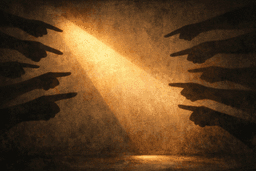 Person in light pushing away pointing shadows representing rejection of false blame for addiction