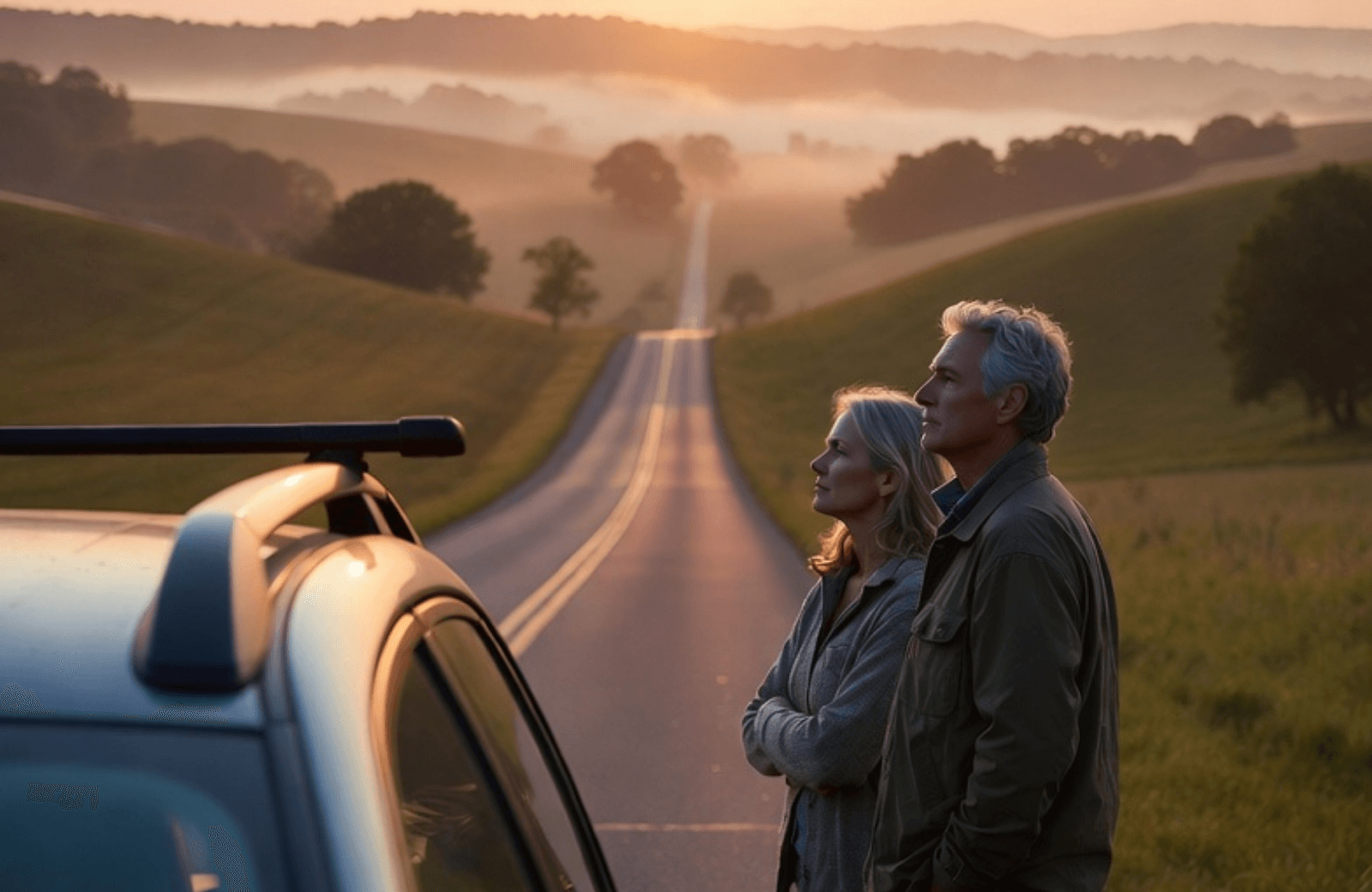 A middle-aged couple stands beside their car on a peaceful Virginia countryside road at sunrise, looking toward the horizon with quiet hope and relief