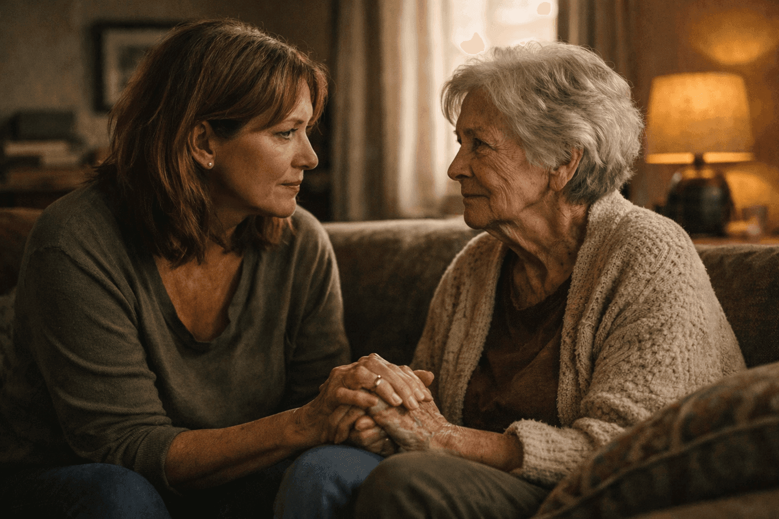 Two women sitting close together on a couch, holding hands during a serious family conversation about addiction recovery.