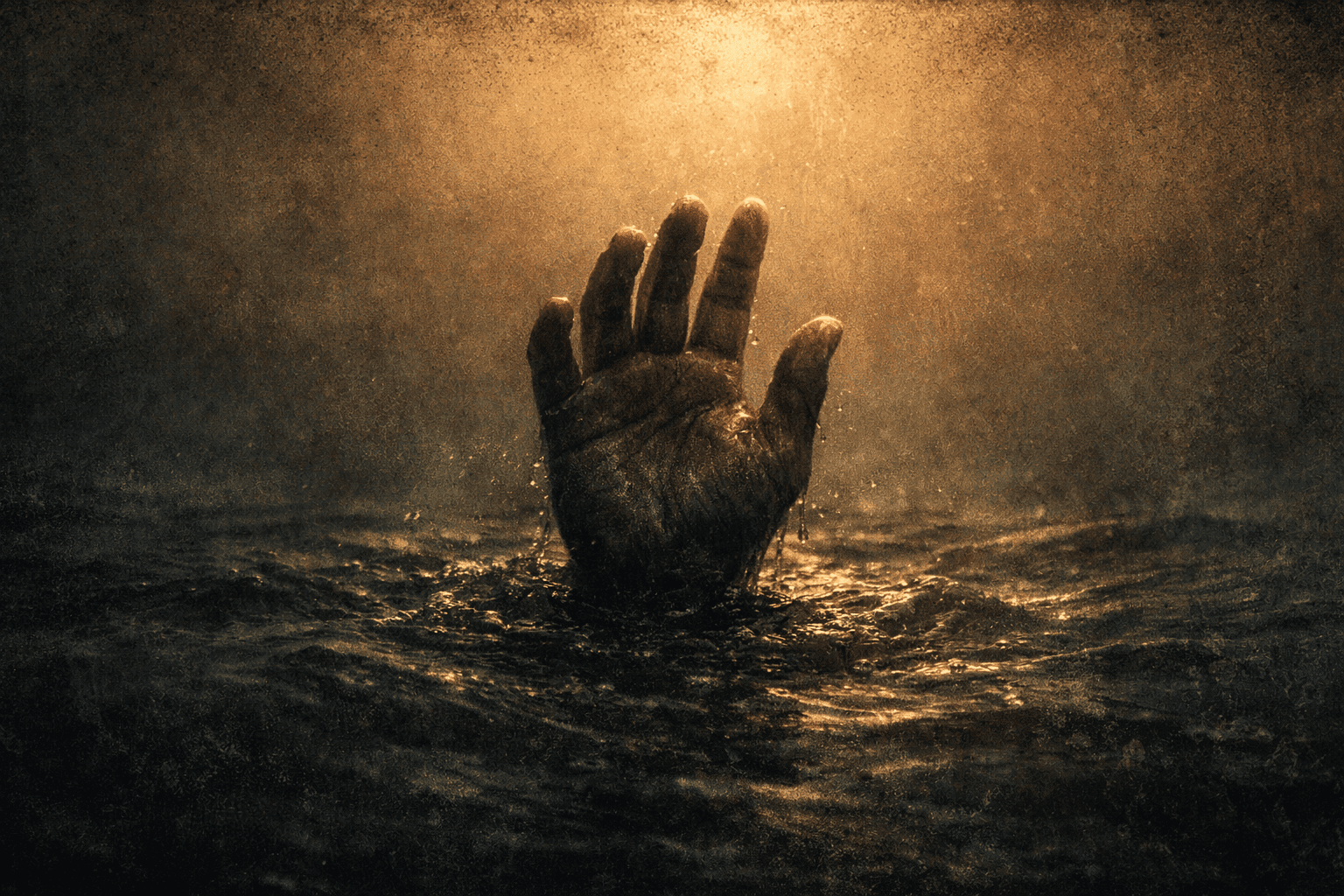 A hand reaching up through dark water toward golden light above the surface.