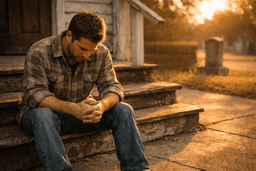 A man sitting vulnerably on church steps while a friend offers support with a hand on his shoulder