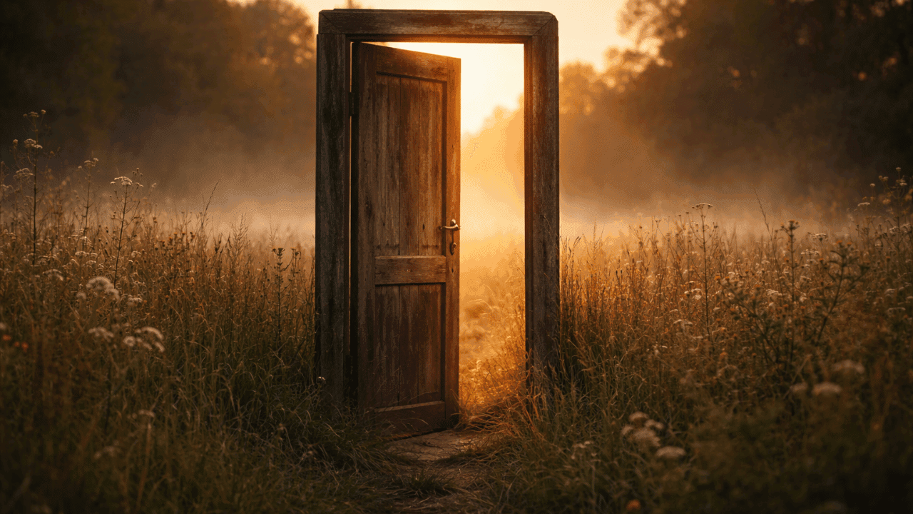 An open door standing alone in a sunlit field, symbolizing the possibility of healing from deep pain