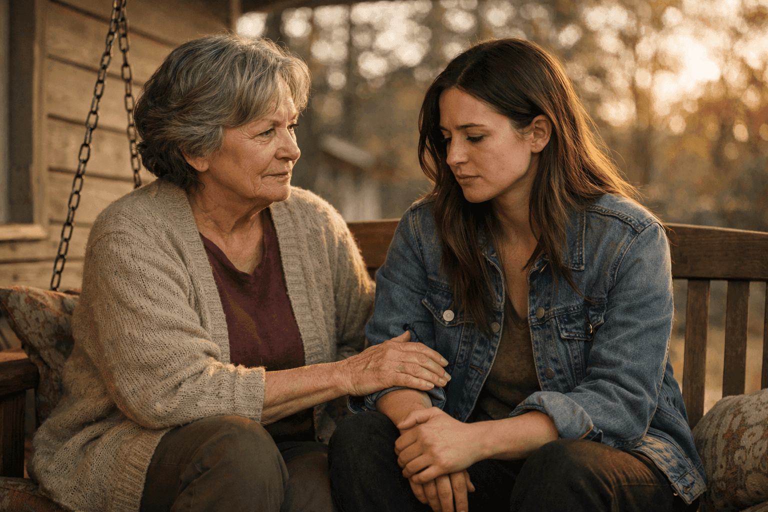 Two women sitting together on a porch swing, one comforting the other during a difficult conversation about a family member's addiction.