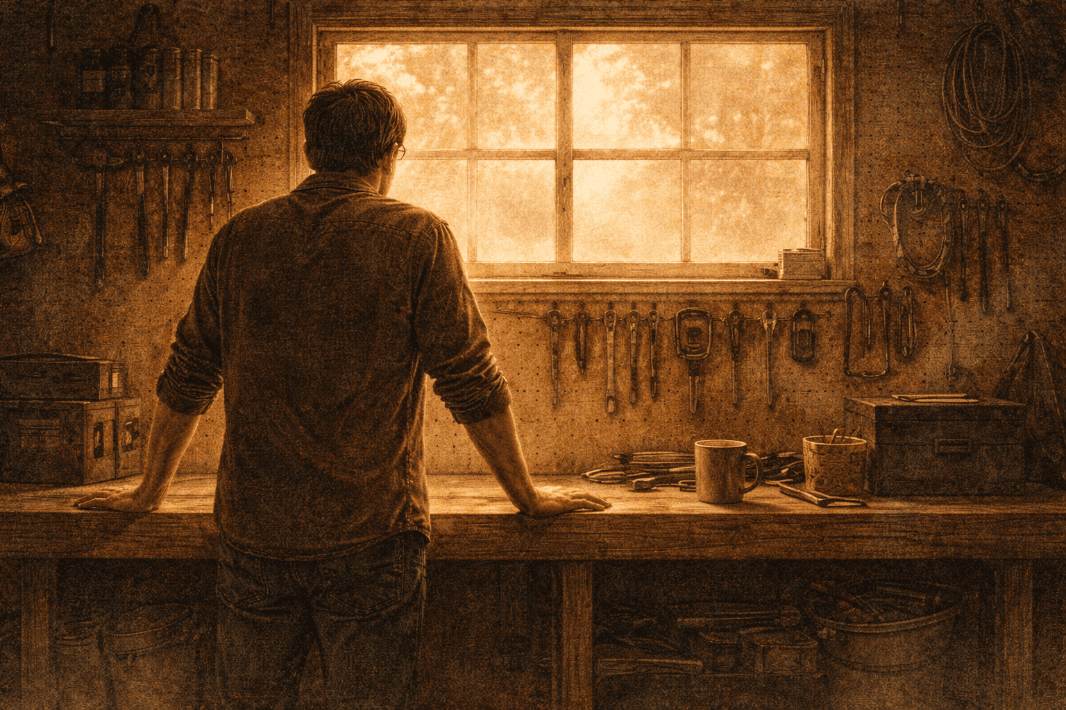 Man standing at a workbench in morning light, symbolizing the intentional daily work of building systems for long-term recovery.
