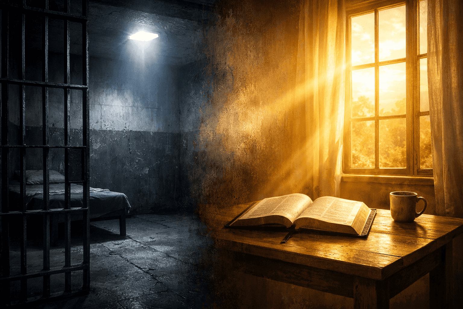 Split scene showing a dark prison cell with bars and harsh lighting on the left, transitioning to warm golden sunlight streaming through a window onto an open Bible and coffee mug on a wooden table on the right.