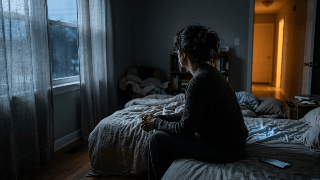 Woman sitting on the edge of a bed at night with a phone glowing on the nightstand, early morning light coming through the window