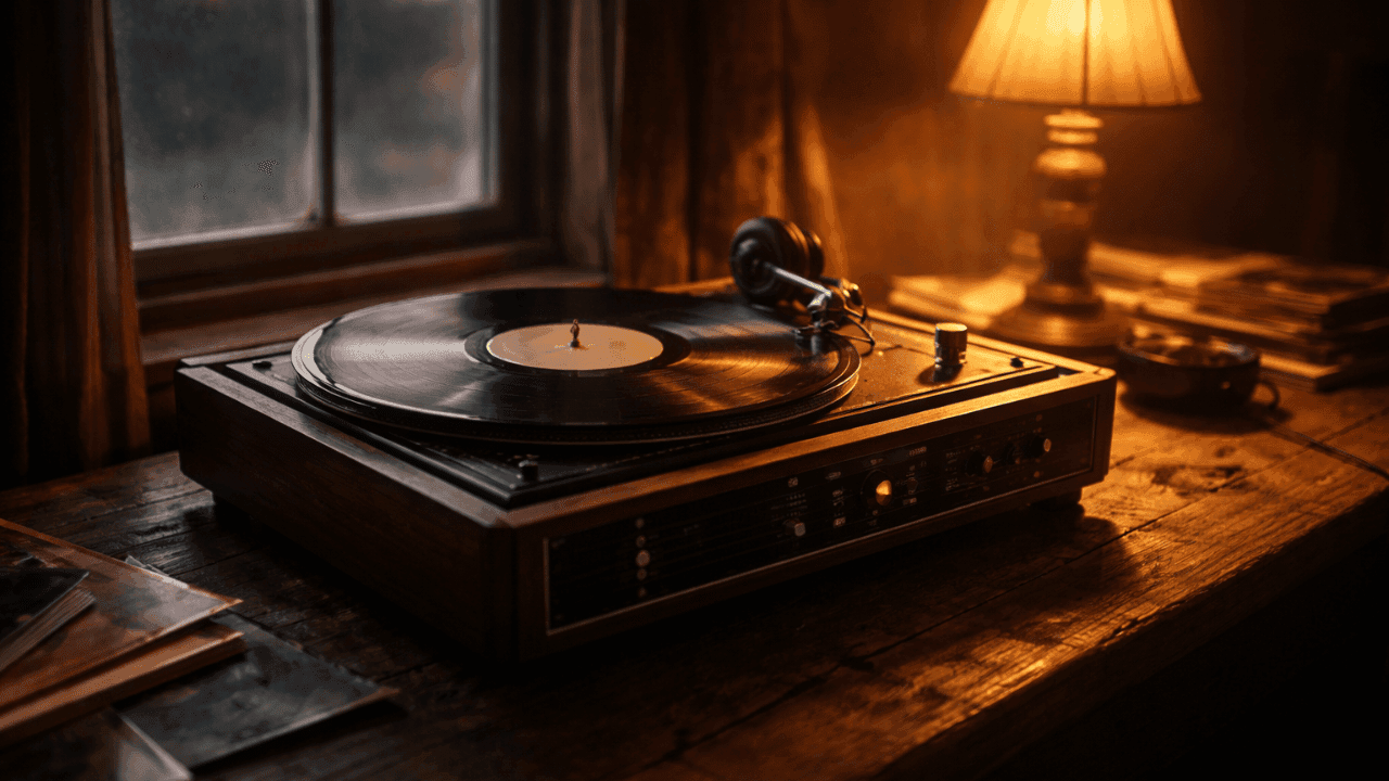 A vinyl record spinning on a record player near a window at dusk, representing music as a companion through addiction and recovery