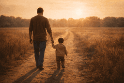 A father holds his young child's hand as they walk together down a dirt path toward a sunset, symbolizing the journey of fatherhood and generational legacy.