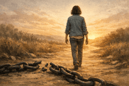 Woman walking toward golden light leaving broken chains behind symbolizing freedom from addiction identity